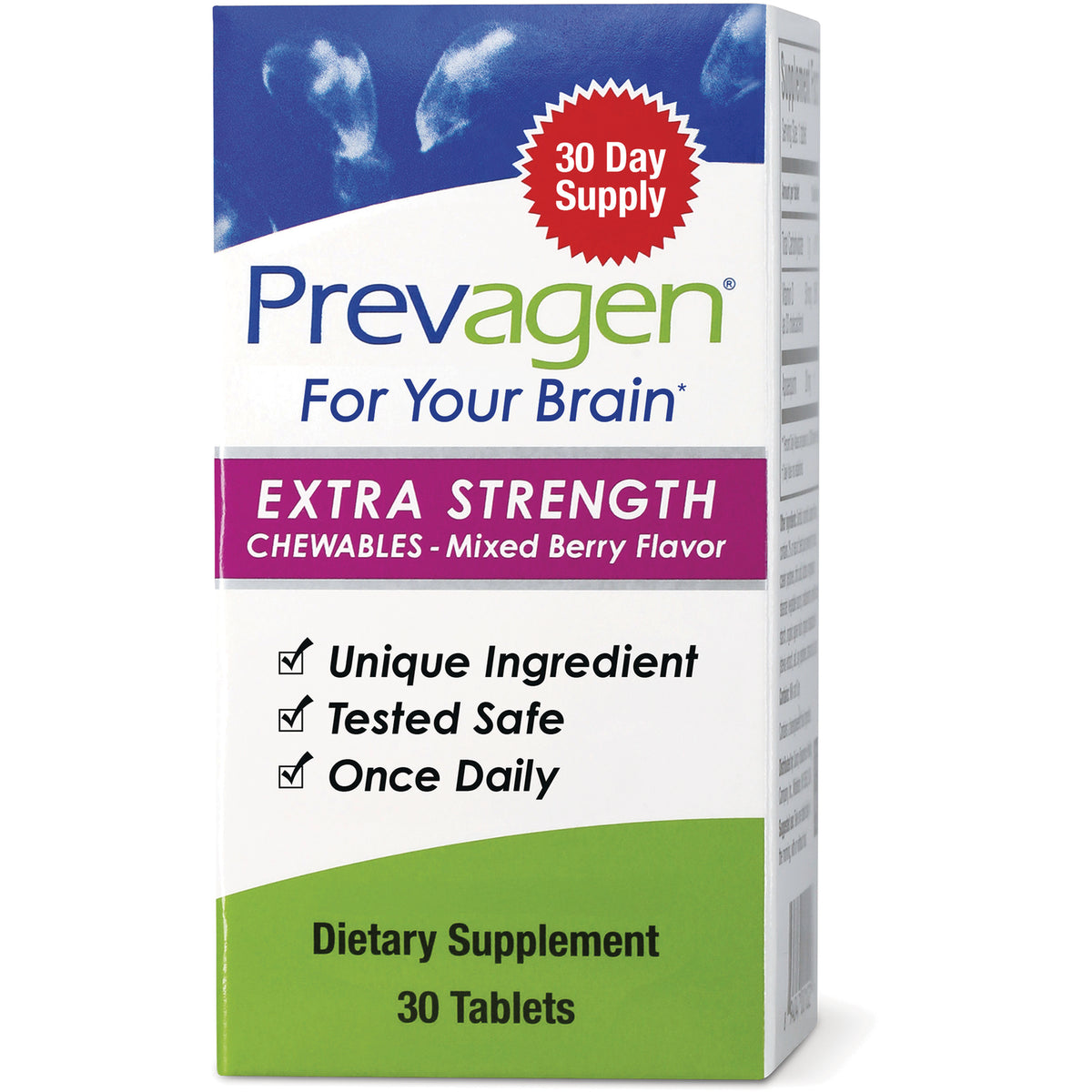 Prevagen Extra Strength chewables box, mixed berry flavor, front panel reading 30 Day Supply and 30 Tablets