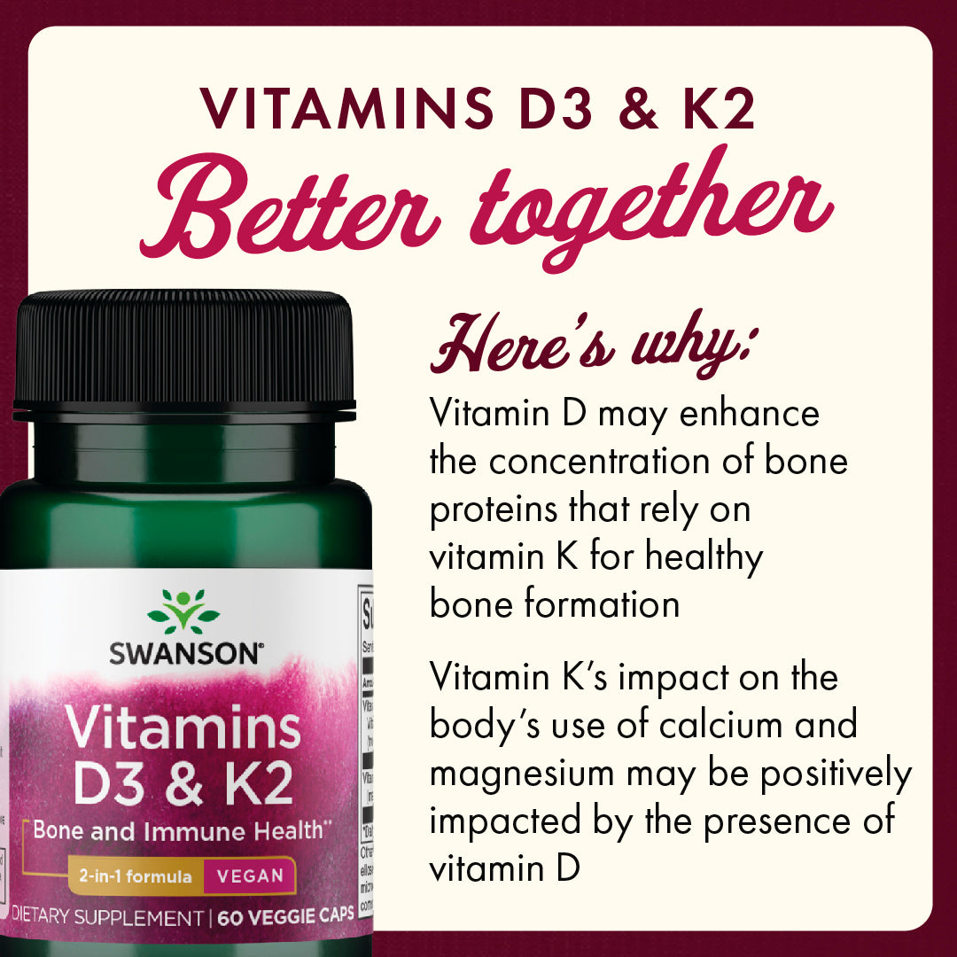 SW1804 | Vitamins D3 & K2 infographic highlighting bone and immune health benefits and 2-in-1 vegan formula