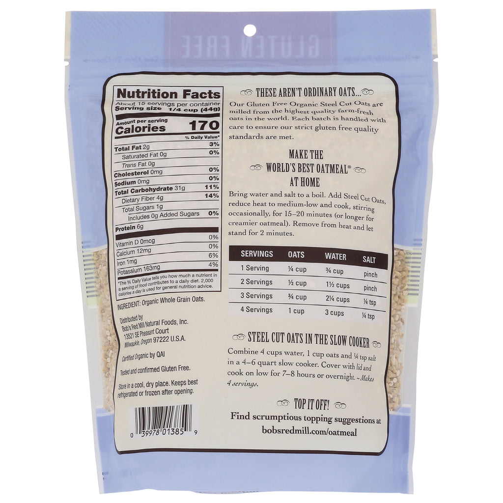 BOB330 | Back of oatmeal bag showing Nutrition Facts panel, cooking directions, servings table and barcode - Thumbnail