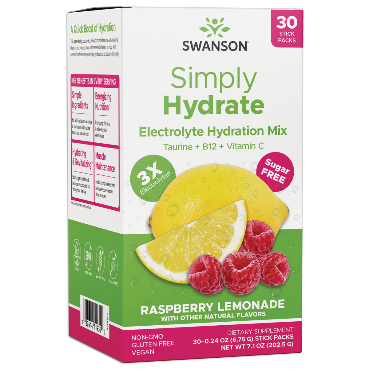 SW1934 | Swanson Simply Hydrate Electrolyte Hydration Mix, Raspberry Lemonade, 30 stick packs, sugar free