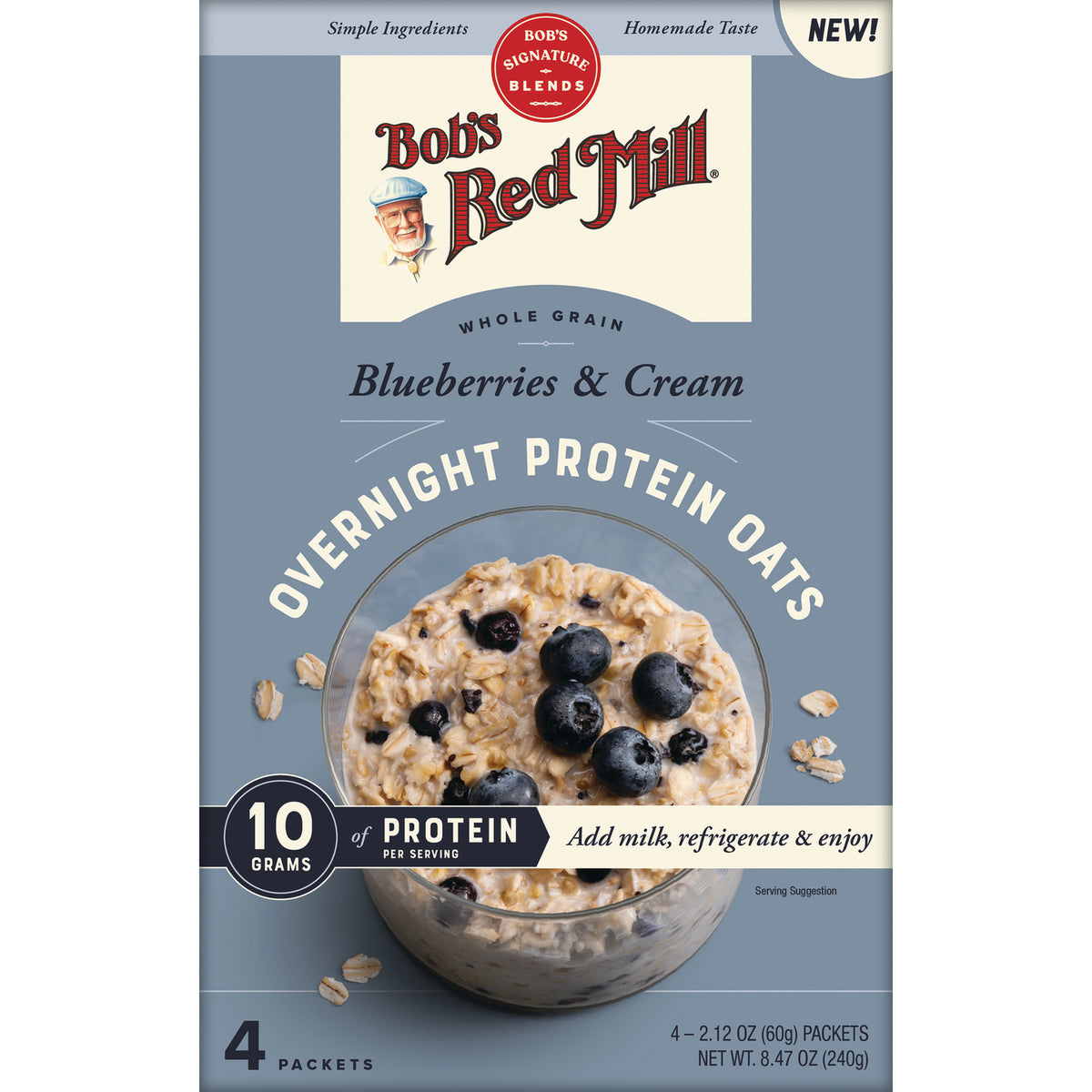 BOB487 | Bob's Red Mill Blueberries & Cream Overnight Protein Oats front packaging showing bowl of oats with blueberries