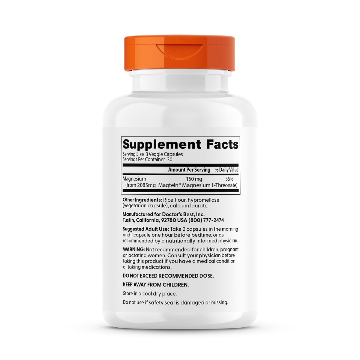 DB181 | back label showing Supplement Facts panel with Magnesium 150 mg and other ingredients and usage directions