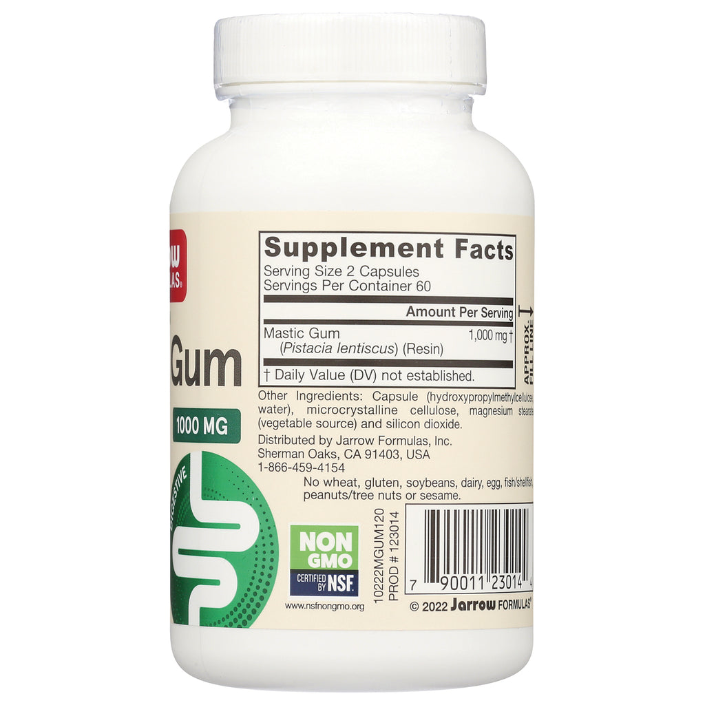 JR323 | back label showing Supplement Facts, ingredients, 1000 mg mastic gum bottle and barcode - Thumbnail