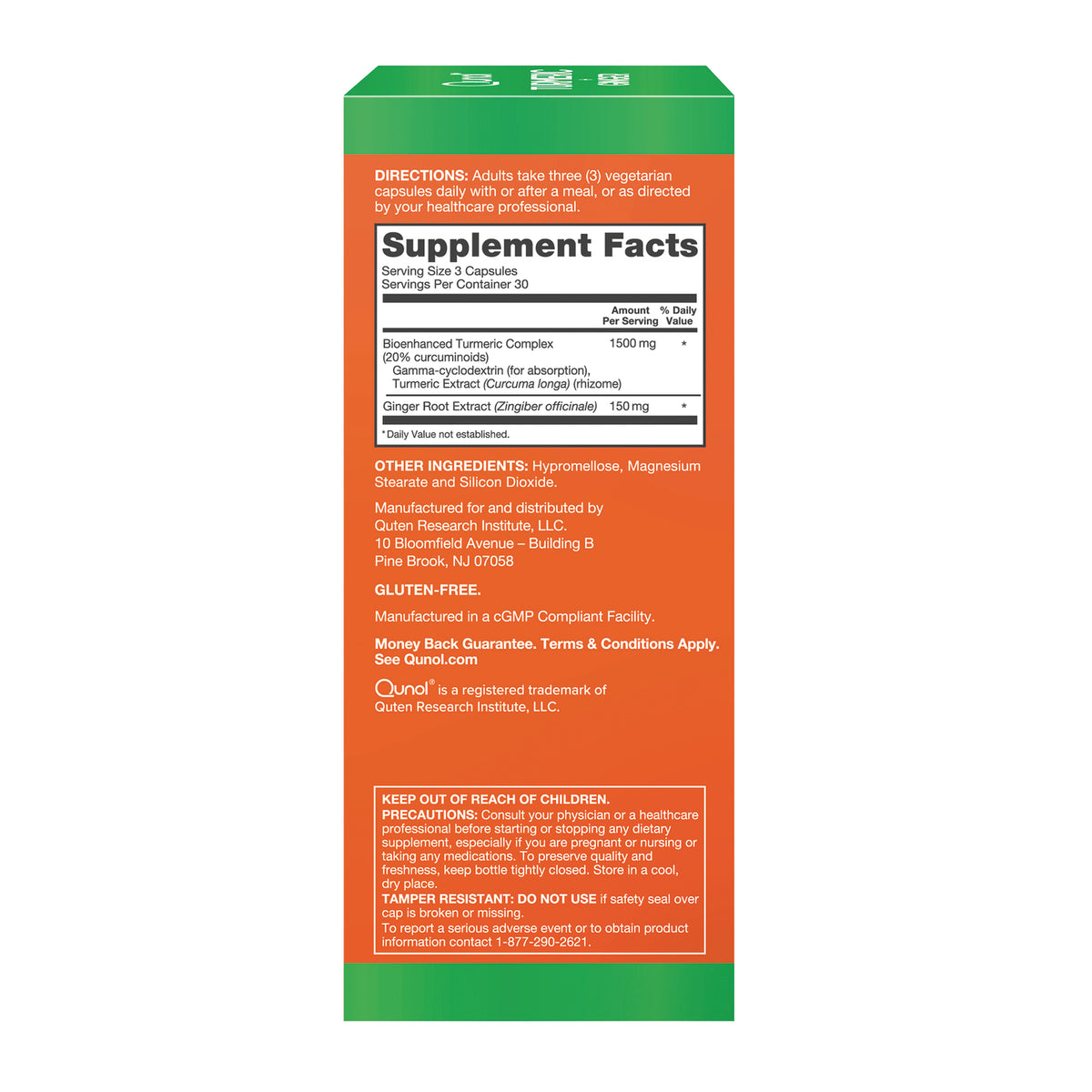 QNL018 | Back panel of Qunol turmeric supplement box with supplement facts, directions, ingredients, and warnings