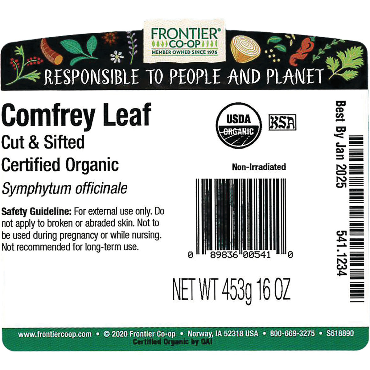FNP065 | Back label for Frontier Co-op Comfrey Leaf Cut & Sifted certified organic with barcode, safety guideline and net wt 453g 16 OZ