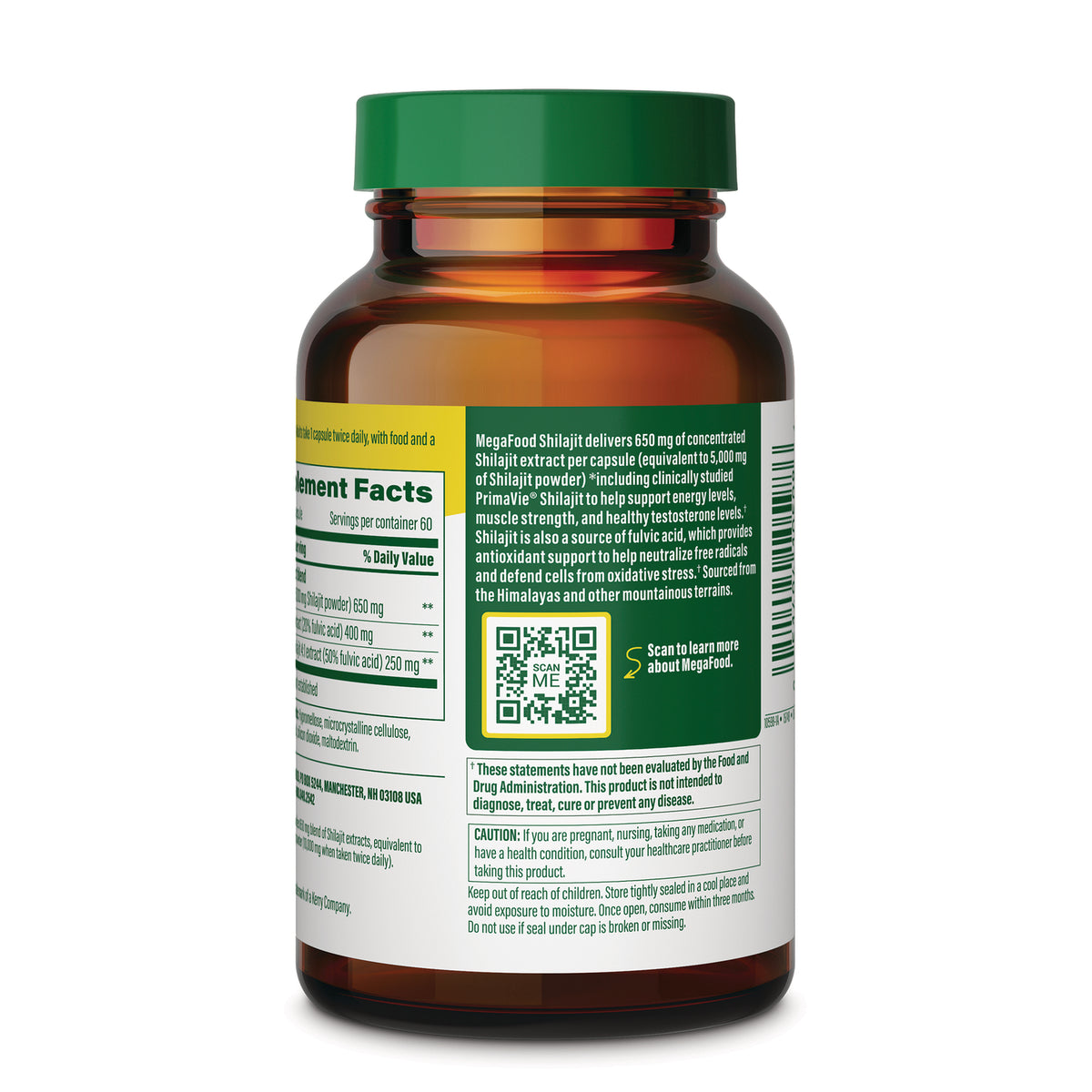 MGF149 | back label of amber supplement bottle showing supplement facts panel, QR code, caution and usage text