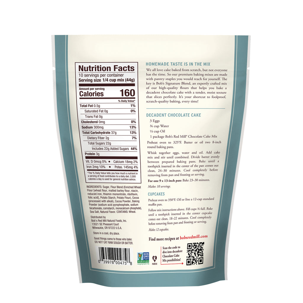 BOB483 | Back of baking mix pouch showing Nutrition Facts, ingredients, and decadent chocolate cake recipe - Thumbnail