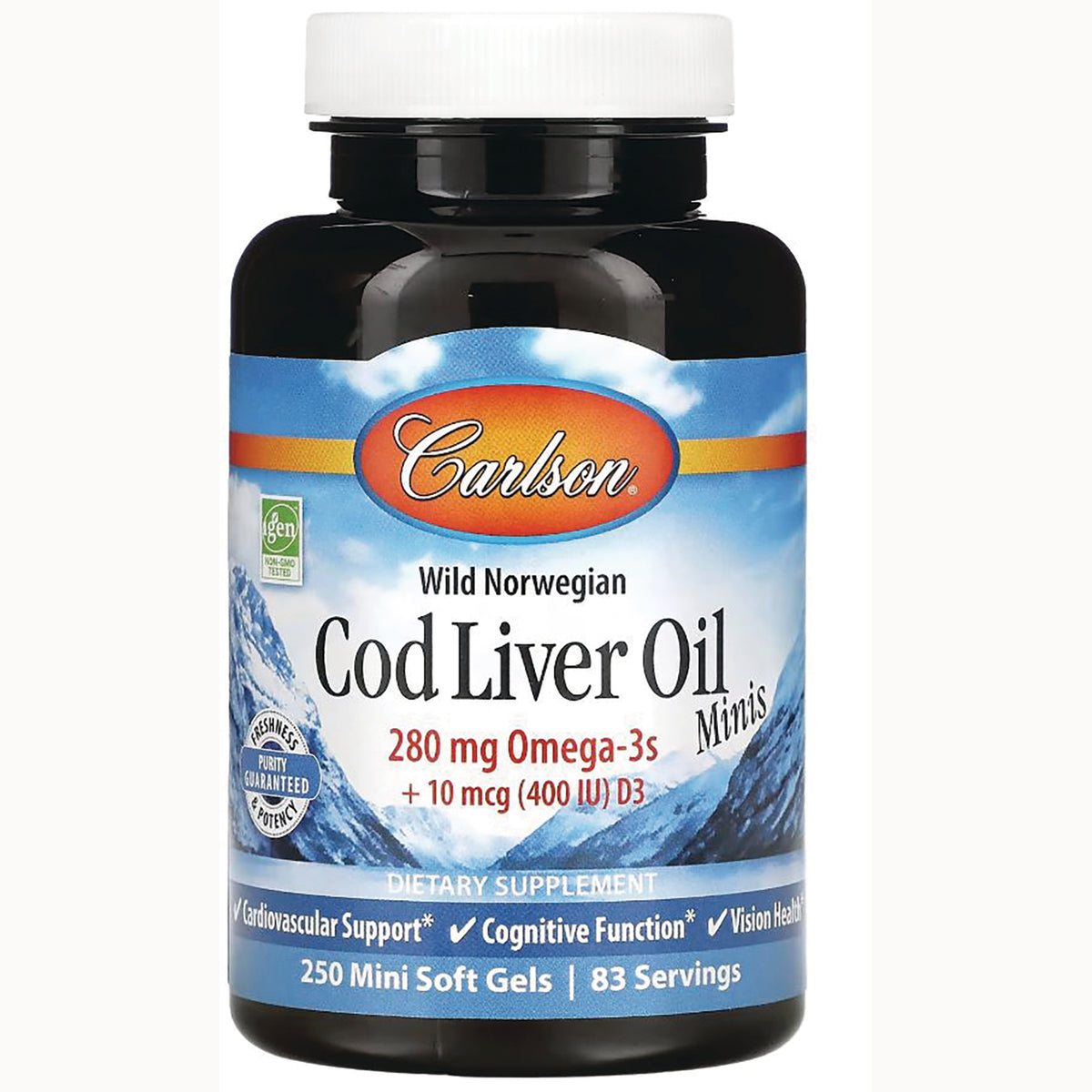 CSN023 | Carlson Wild Norwegian Cod Liver Oil Minis bottle, 250 mini soft gels, 280 mg Omega-3s + 10 mcg (400 IU) D3