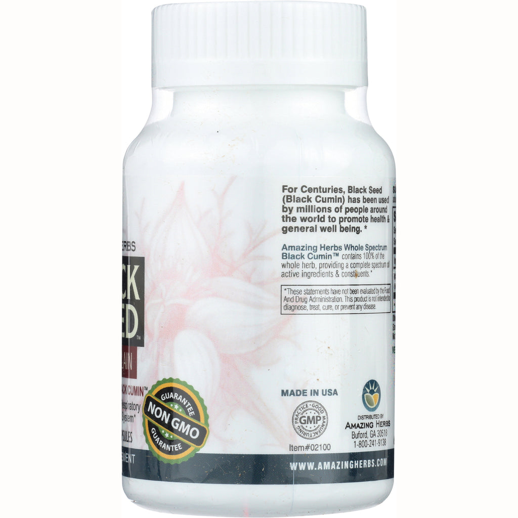 Back of white supplement bottle label with black seed description, Non GMO badge, MADE IN USA and distributor details - Thumbnail