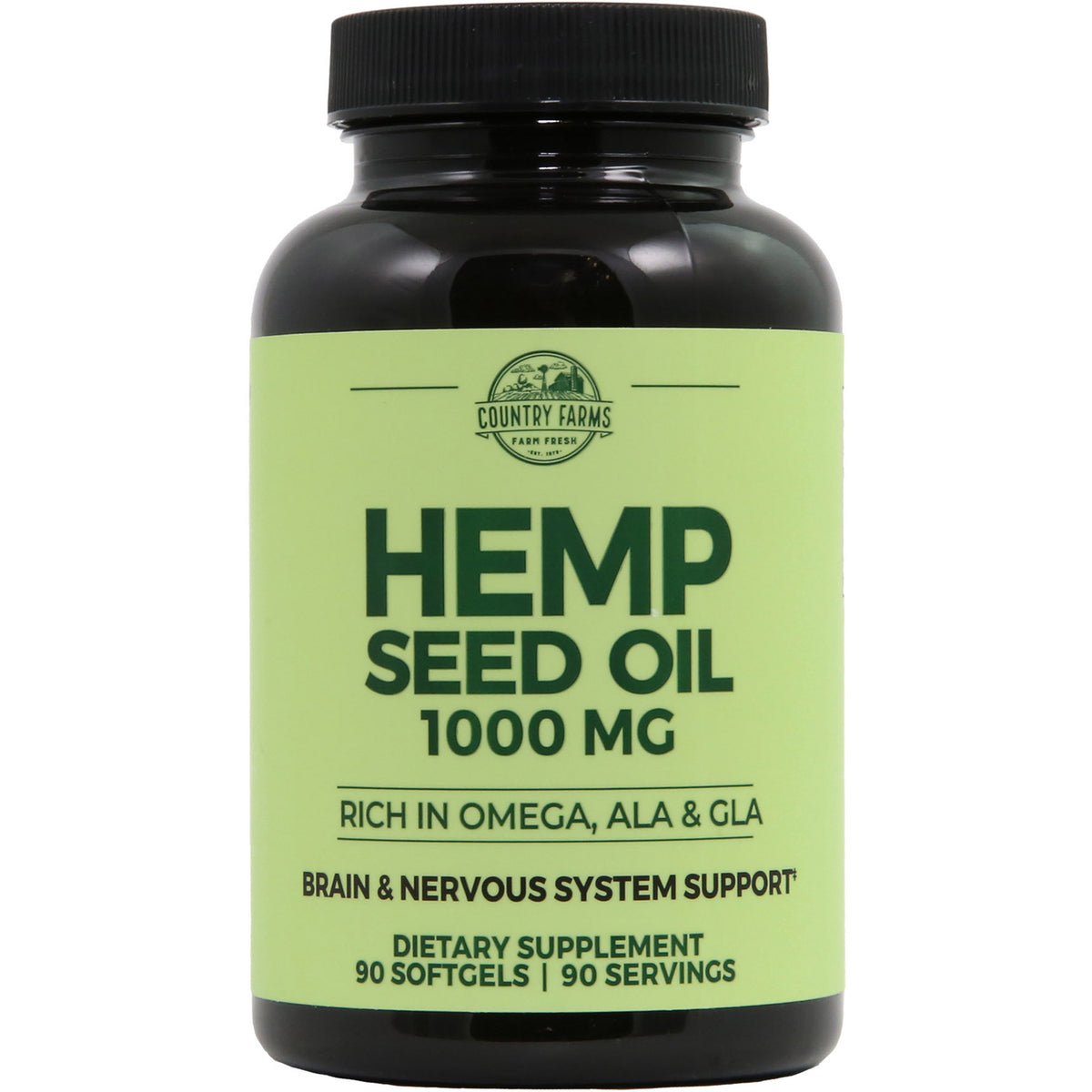 CFR019 | Country Farms hemp seed oil 1000 MG bottle showing front label and 90 softgels