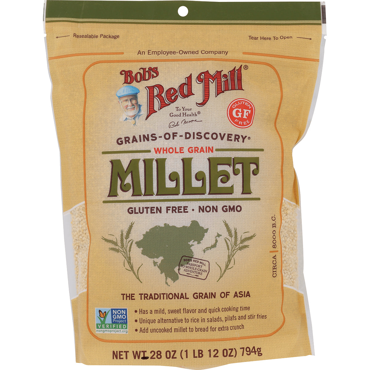 BOB422 | Bob's Red Mill whole grain millet bag front showing gluten free and non GMO labels, 28 oz