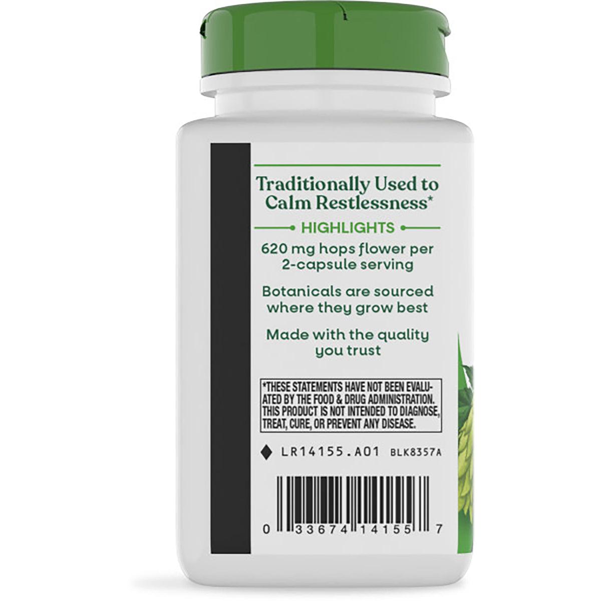 NW937 | white supplement bottle back with green cap labeled TRADITIONAL CALMING AID, ingredient text and barcode