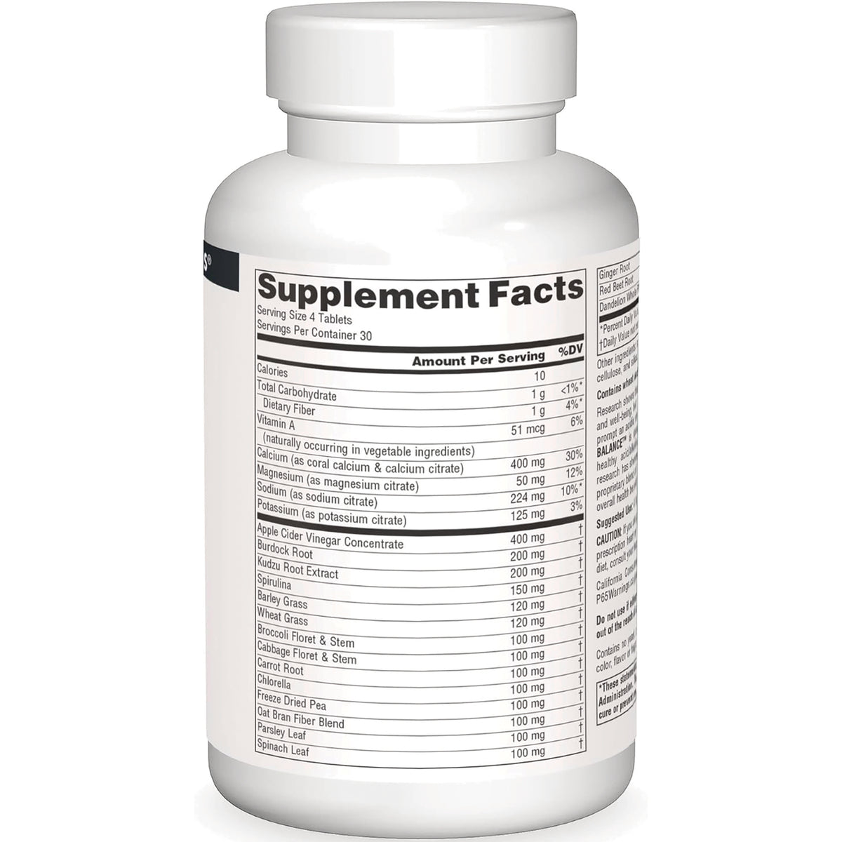SN187 | bottle back showing Supplement Facts panel with serving size, nutrient amounts and ingredient list