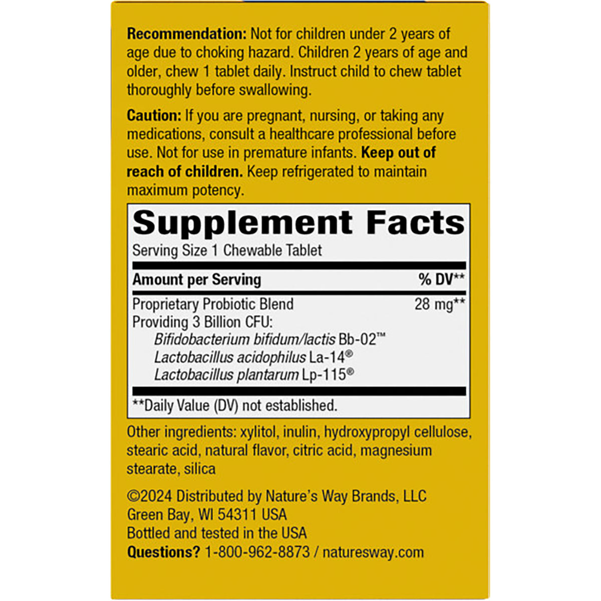 NW644 | back panel showing Supplement Facts, serving size and usage recommendations on yellow and white product box