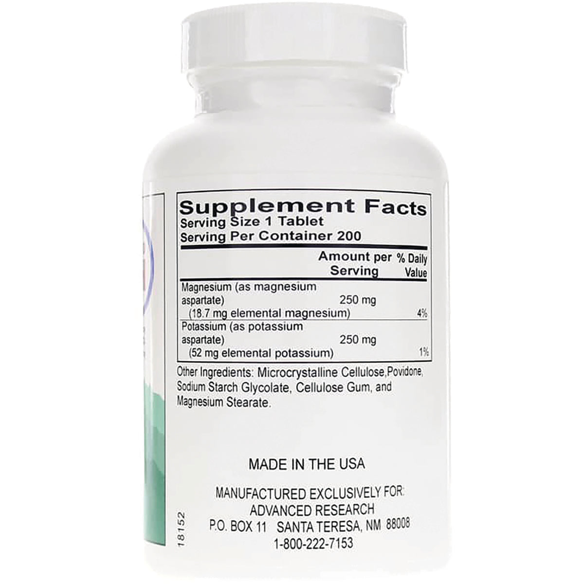 ADR020 | Back label with Supplement Facts, serving size 1 tablet, and other ingredients
