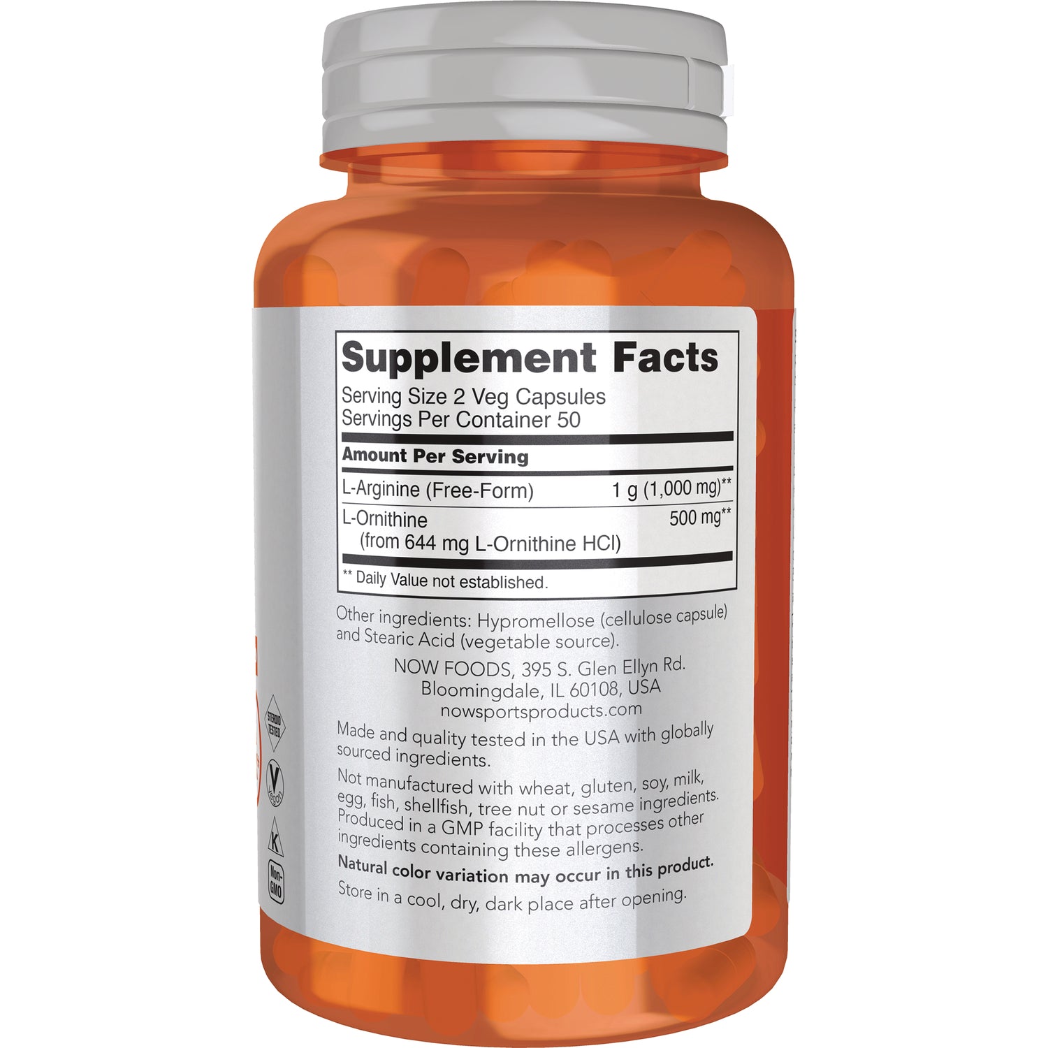 NWF791 | Back of orange supplement bottle showing Supplement Facts panel, ingredient list and serving size