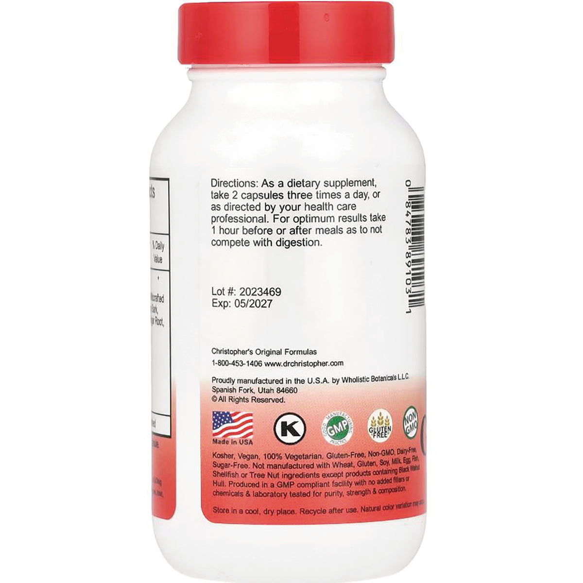 DCR006 | Back of white supplement bottle showing directions, Lot #: 2023469, Exp: 05/2027 and certification logos