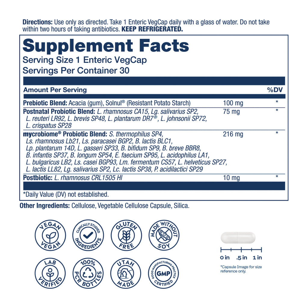 SLR531 | Supplement Facts panel showing serving size, prebiotic and probiotic blends, other ingredients, capsule size and icons - Thumbnail