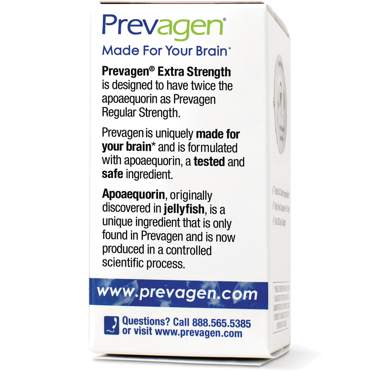 QB007 | Prevagen Extra Strength back panel with apoaequorin ingredient description and website www.prevagen.com