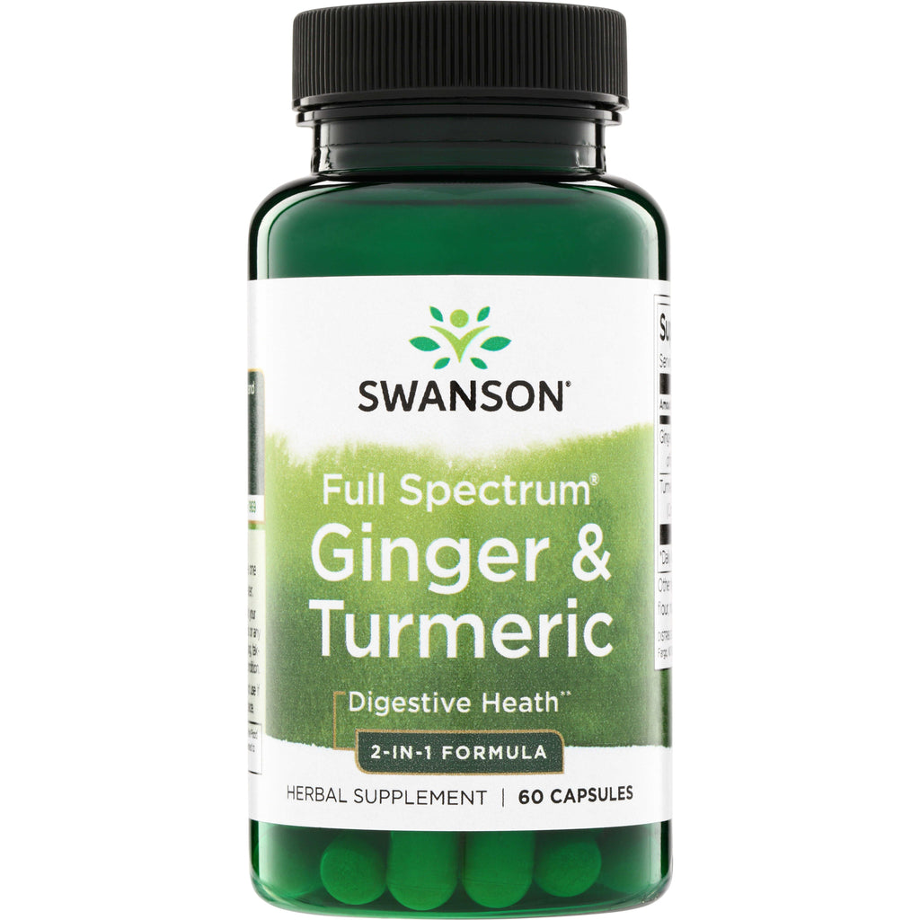 SW1286 | Swanson Full Spectrum Ginger & Turmeric, 60 capsules, 2-in-1 formula bottle front - Thumbnail