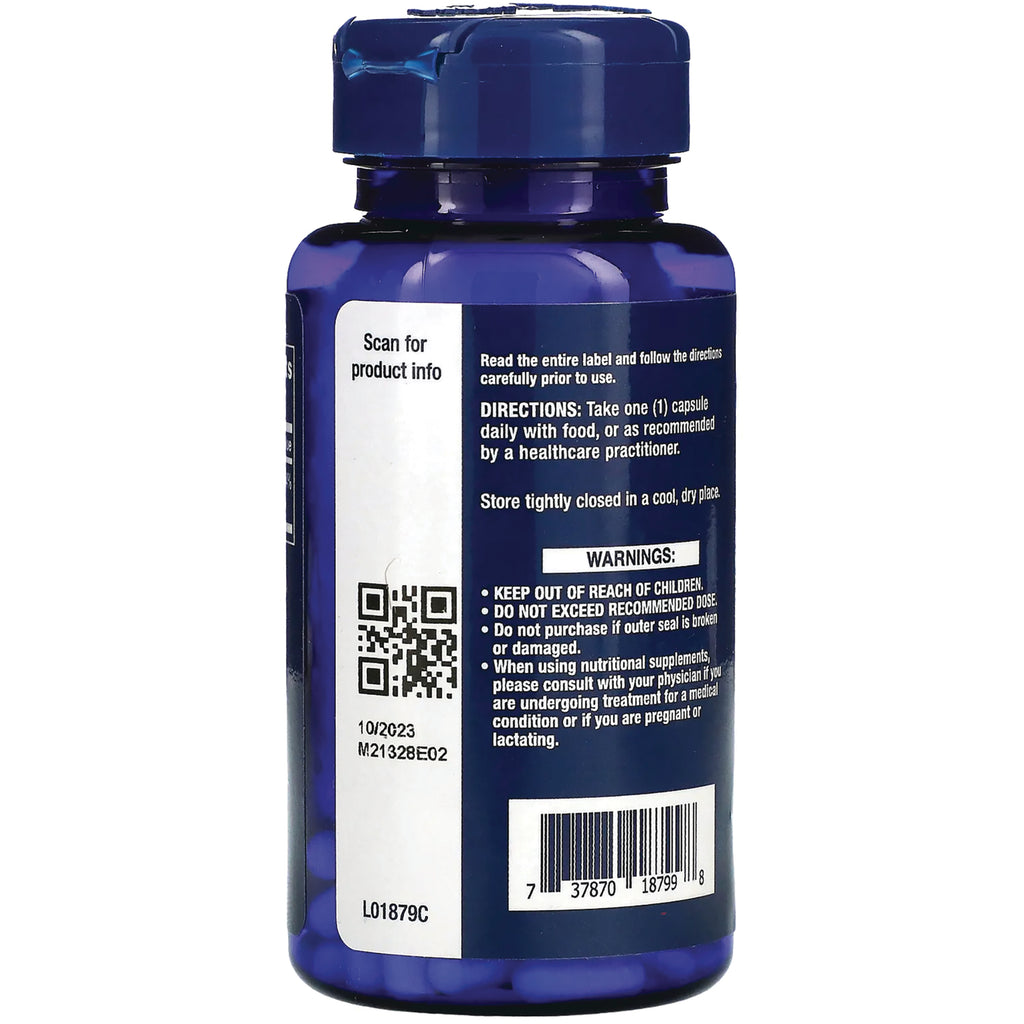 LE407 | Back label of blue supplement bottle showing directions, warnings, QR code and barcode - Thumbnail