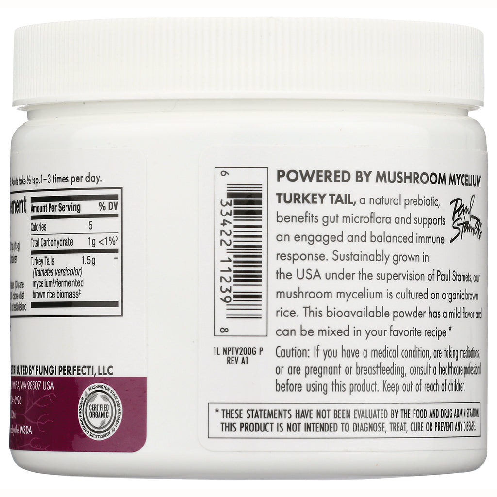 FUN050 | Back of white supplement jar showing Turkey Tail mushroom mycelium text, barcode, and nutrition facts - Thumbnail