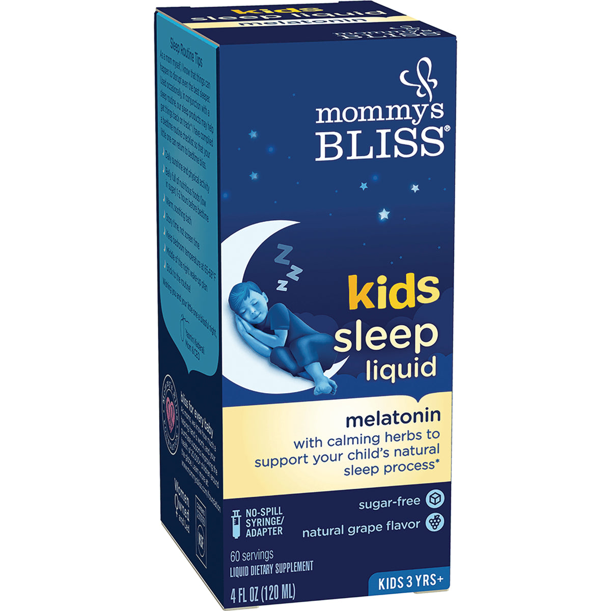 MMB005 | Mommy's Bliss kids sleep liquid box showing melatonin, natural grape flavor, 4 fl oz