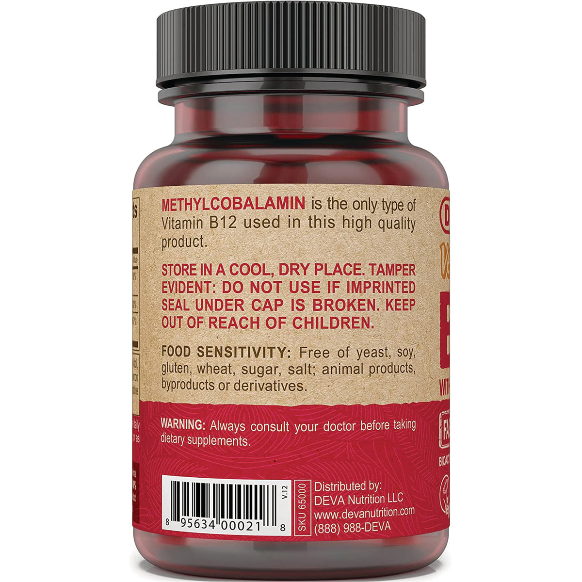 DEV008 | back of amber supplement bottle label showing METHYLCOBALAMIN note, storage instructions, food sensitivity, warning and barcode