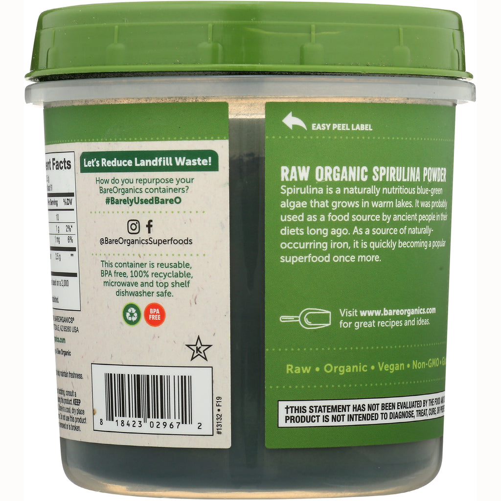 BOR007 | product infographic showing container back label with Raw Organic Spirulina Powder description, barcode, and recycling icons - Thumbnail