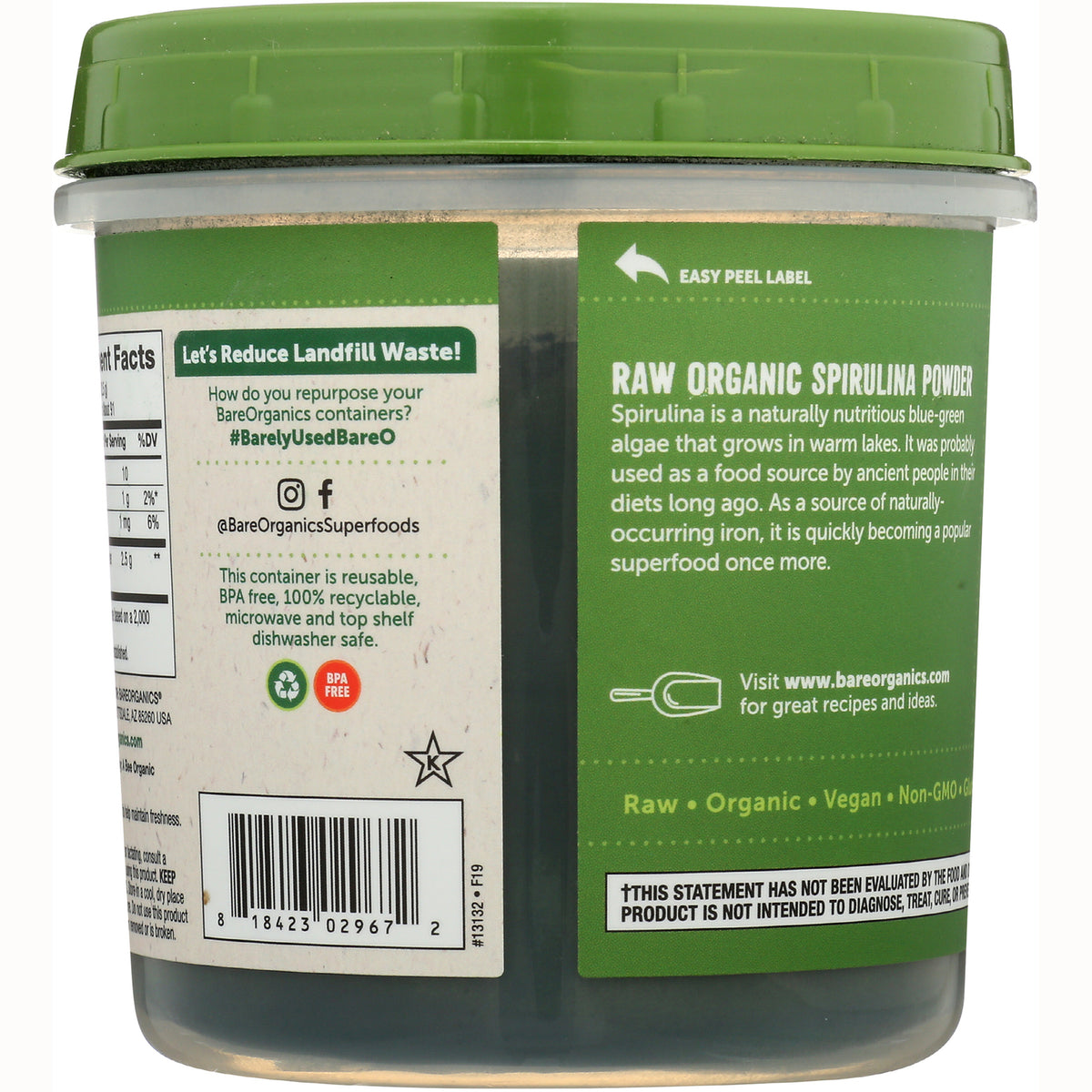 BOR007 | product infographic showing container back label with Raw Organic Spirulina Powder description, barcode, and recycling icons