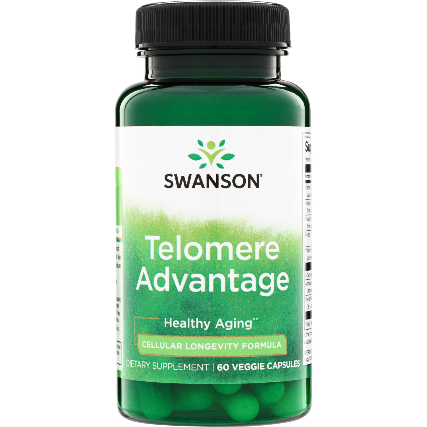 SWU843 | Swanson Telomere Advantage supplement bottle, Healthy Aging, Cellular Longevity Formula, 60 veggie capsules