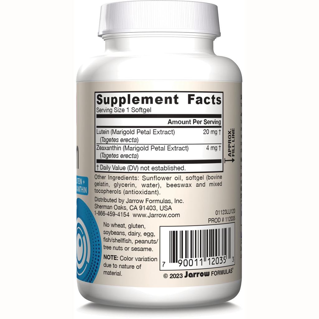 JR322 | Back label showing Supplement Facts panel with lutein and zeaxanthin amounts, ingredients and barcode - Thumbnail