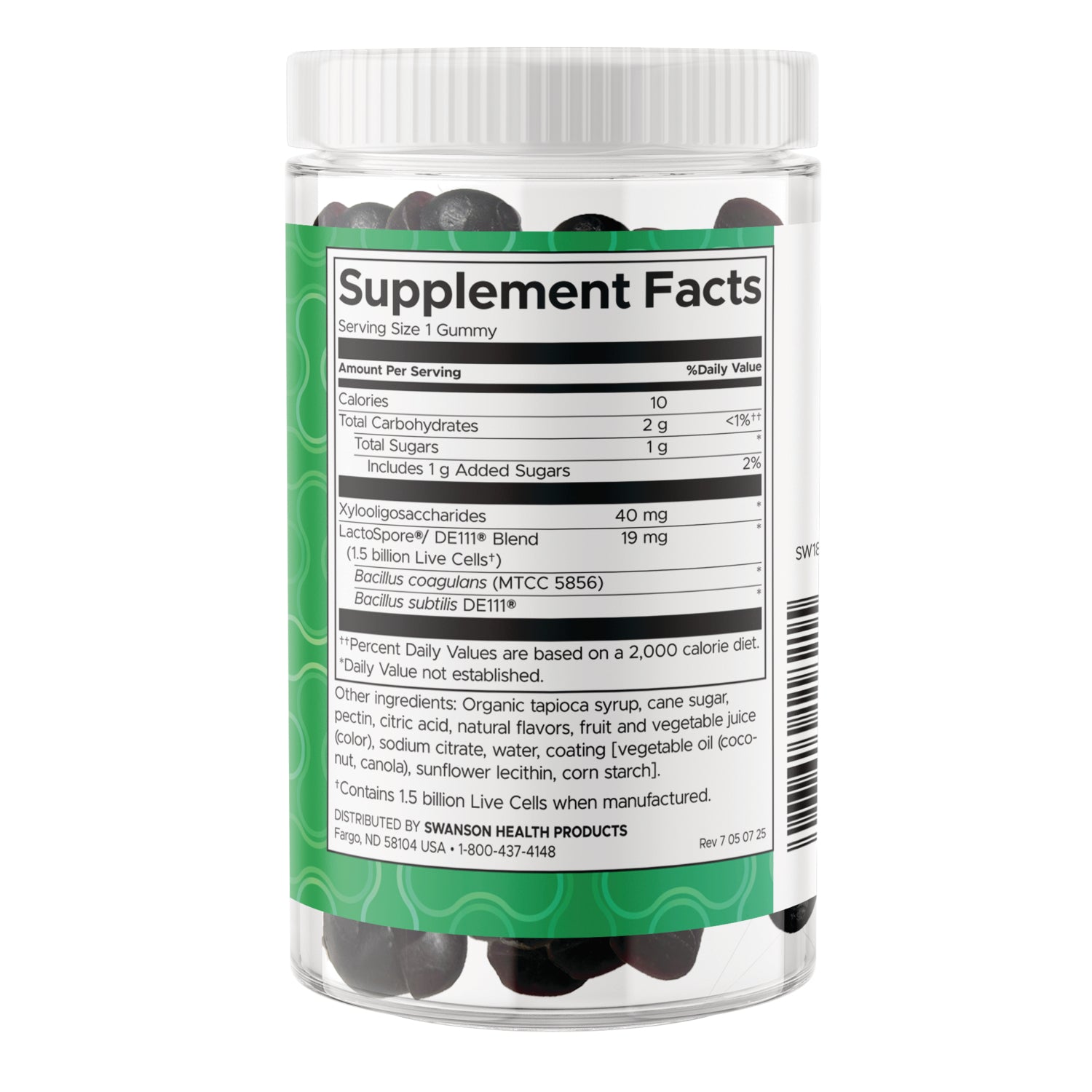 SW1821 | Back label showing Supplement Facts panel, Serving Size 1 Gummy, and ingredients || SW1821 | Supplement Facts panel: serving size 1 gummy, 10 calories