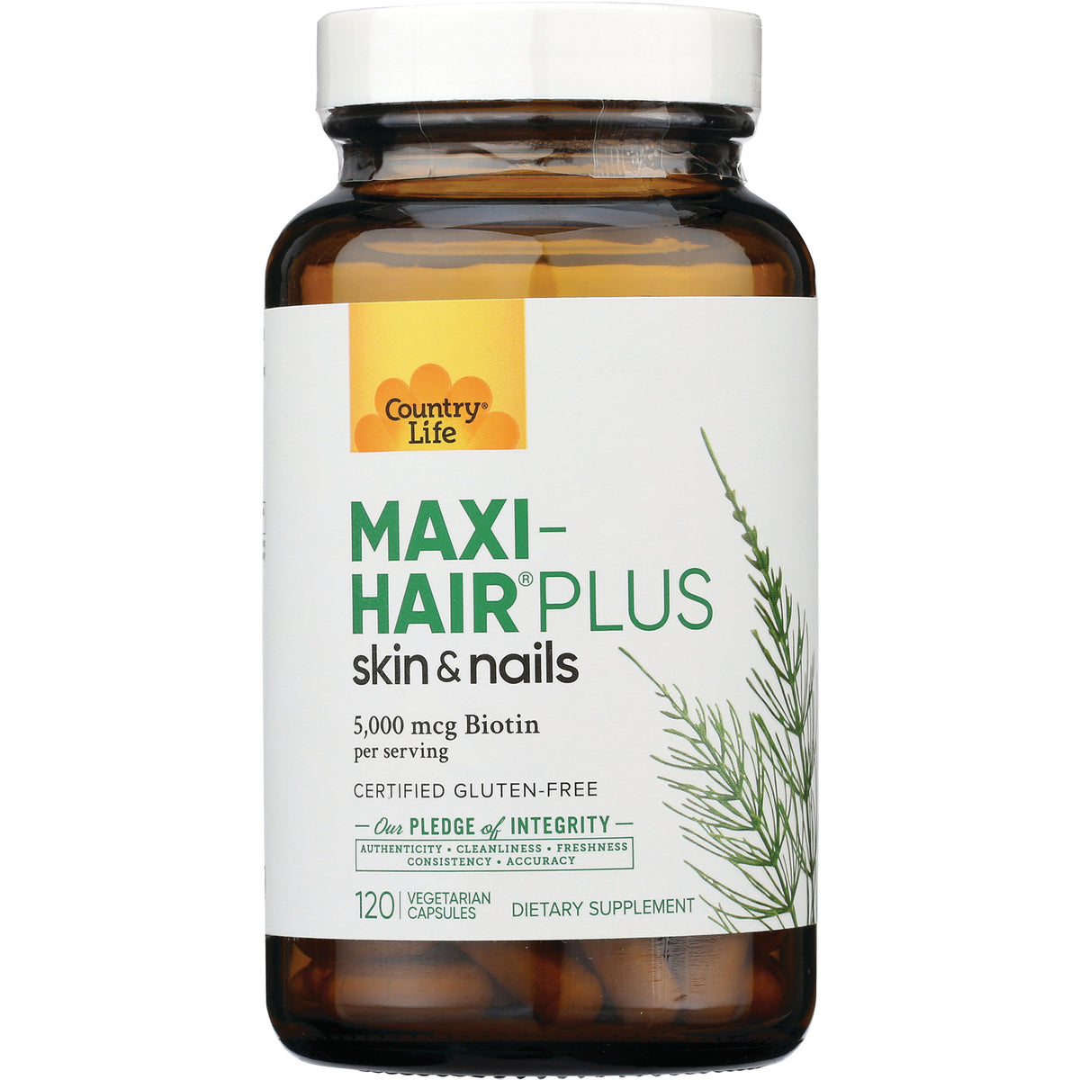 CRL552 | Country Life Maxi-Hair Plus skin & nails supplement bottle, 120 vegetarian capsules, 5,000 mcg biotin per serving