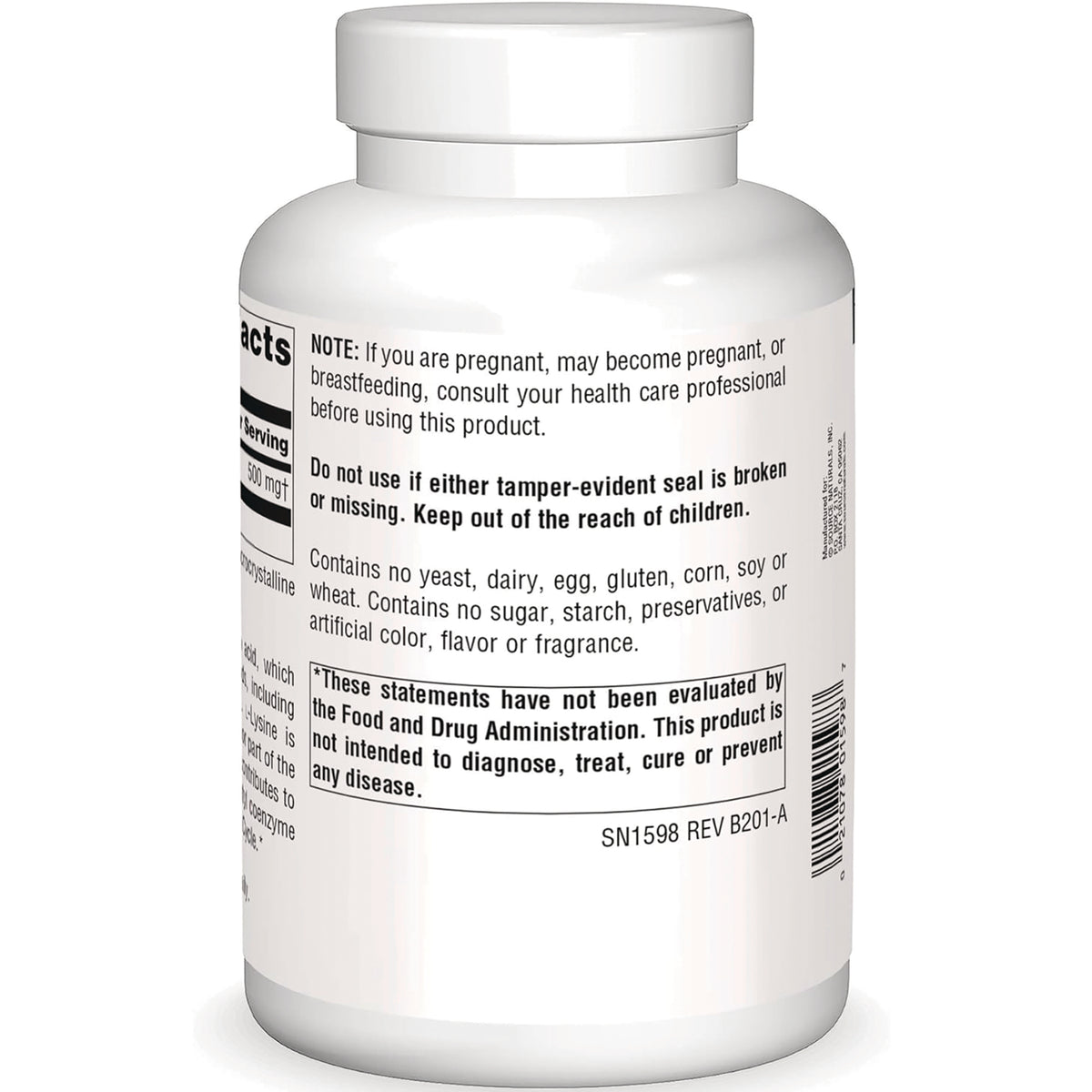SN533 | Back label with supplement facts, warnings, FDA disclaimer, and barcode