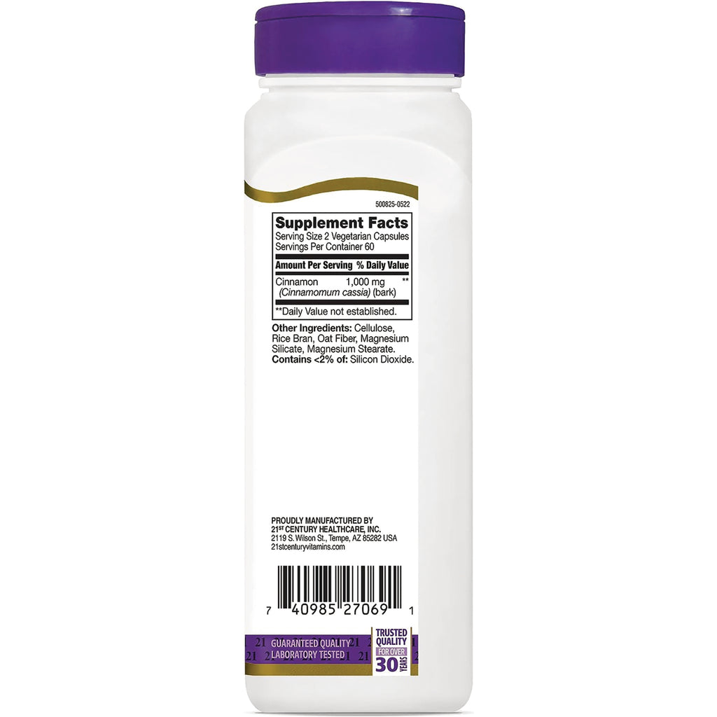 CNT036 | Bottle back with Supplement Facts showing serving size 2 vegetarian capsules, cinnamon 1,000 mg, ingredients and barcode - Thumbnail