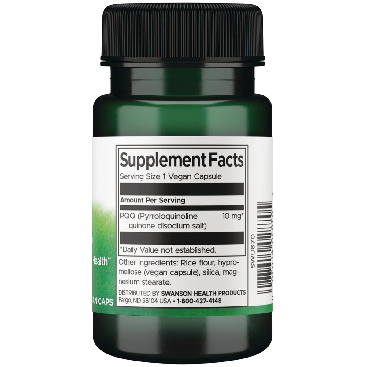SWU870 | Supplement Facts panel for PQQ 10 mg vegan capsule, ingredients and barcode on back label || SWU870 | Supplement Facts panel for PQQ 10 mg, serving size 1 vegan capsule