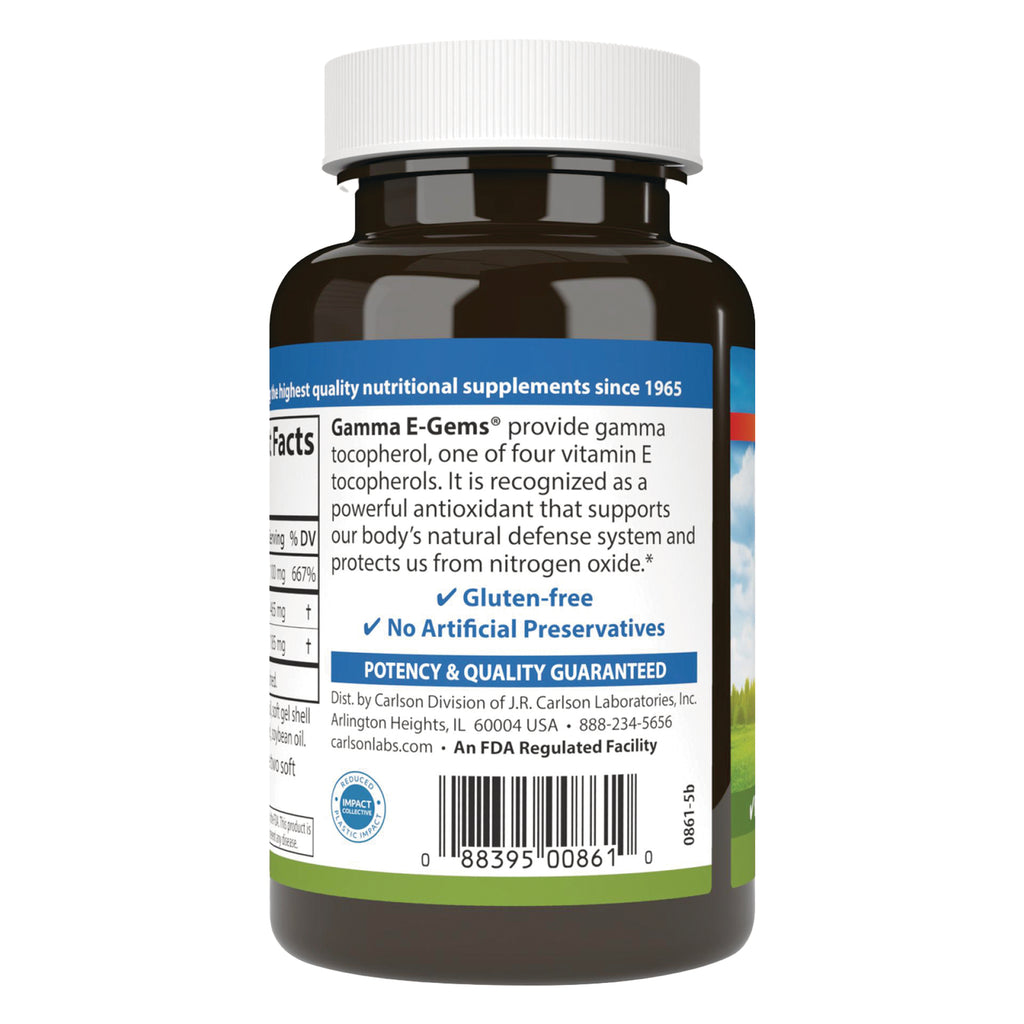 CSN249 | back label of brown supplement bottle showing Gamma E-Gems description, gluten-free and no artificial preservatives, barcode - Thumbnail