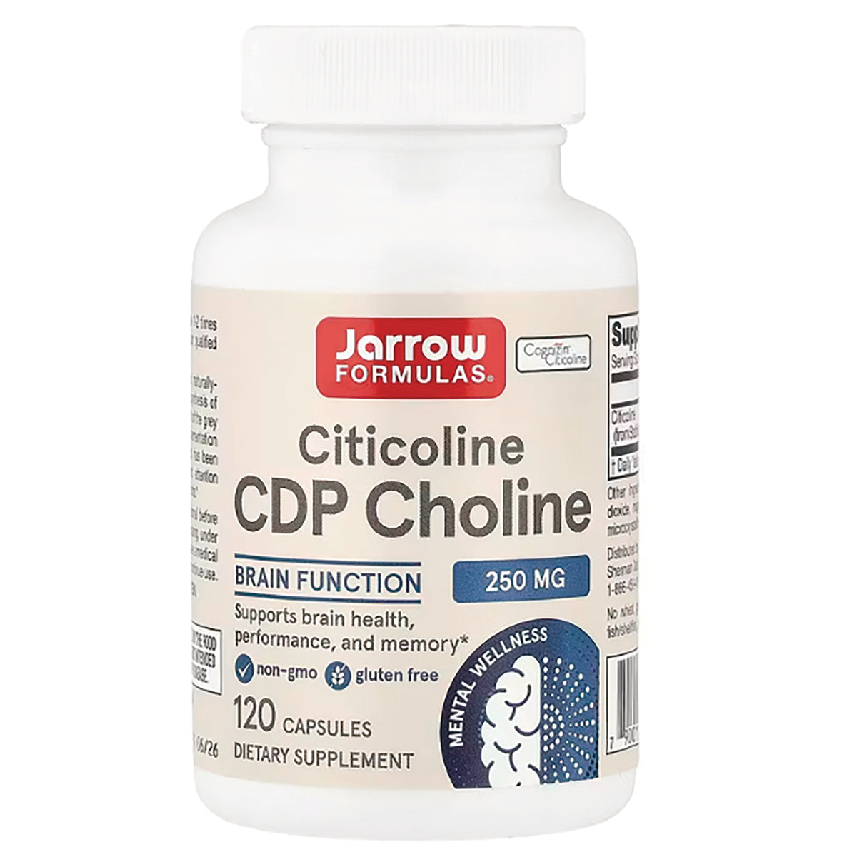 JR318 | Jarrow Formulas Citicoline CDP Choline 250 mg bottle, 120 capsules dietary supplement label