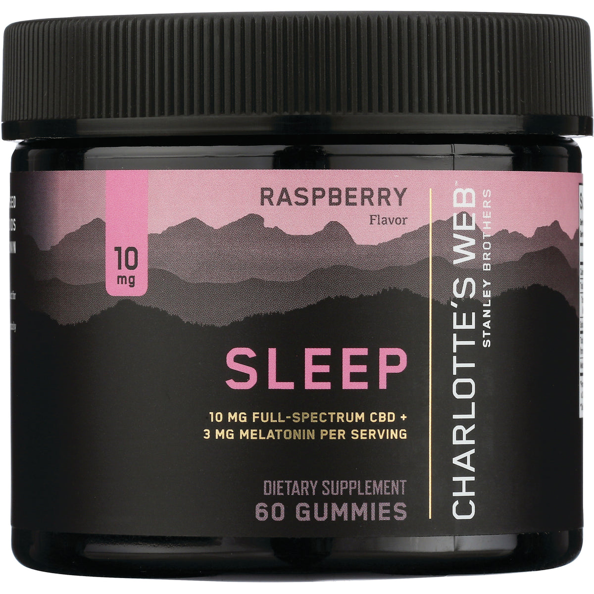 CHW016 | Black jar of raspberry Sleep gummies by Charlotte's Web, 60 gummies, 10 mg CBD and 3 mg melatonin per serving