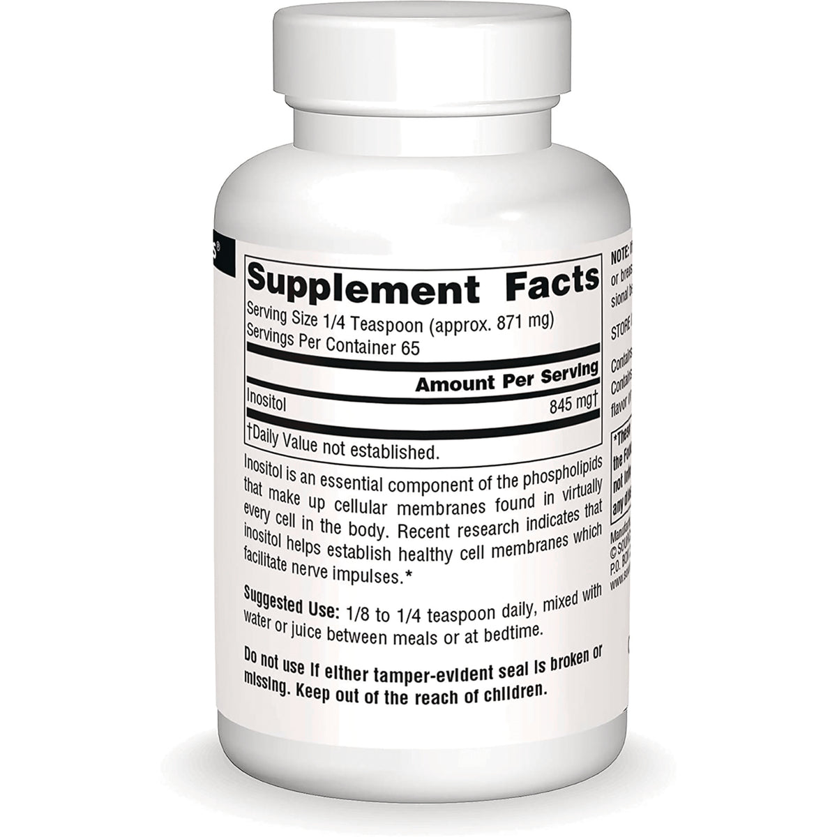 SN882 | Back label with Supplement Facts for inositol, serving size 1/4 teaspoon, 65 servings per container