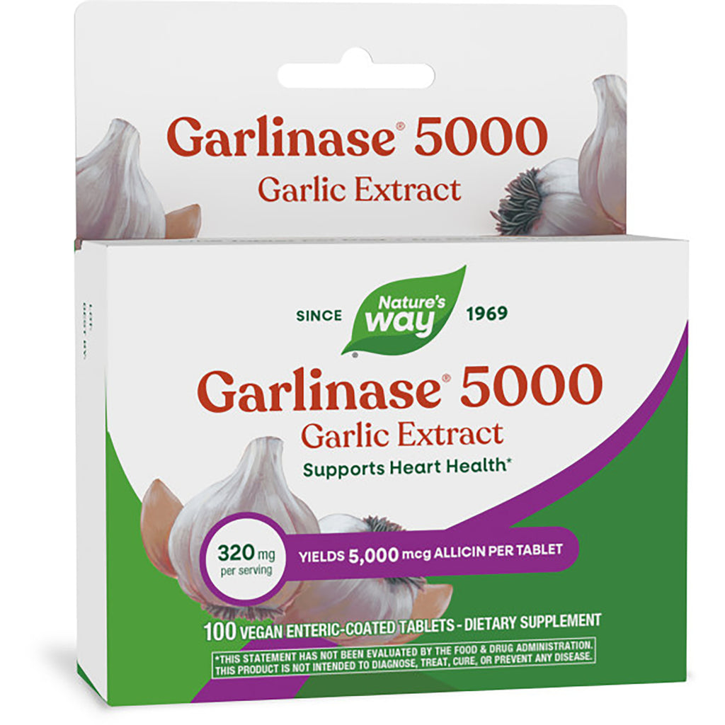 ET228 | Nature's Way GARLINASE 5000 garlic extract box front packaging showing supports heart health and 30 vegan enteric-coated tablets - Thumbnail