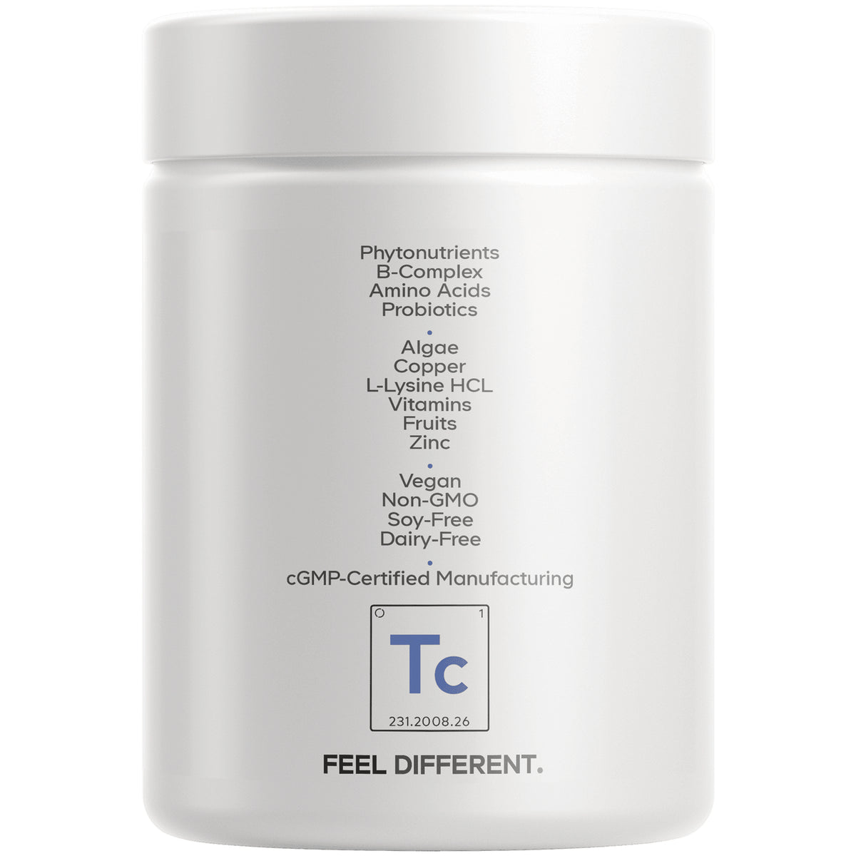 CDG063 | Back of white supplement jar listing ingredients and claims including Vegan, Non-GMO, cGMP-Certified Manufacturing and FEEL DIFFERENT