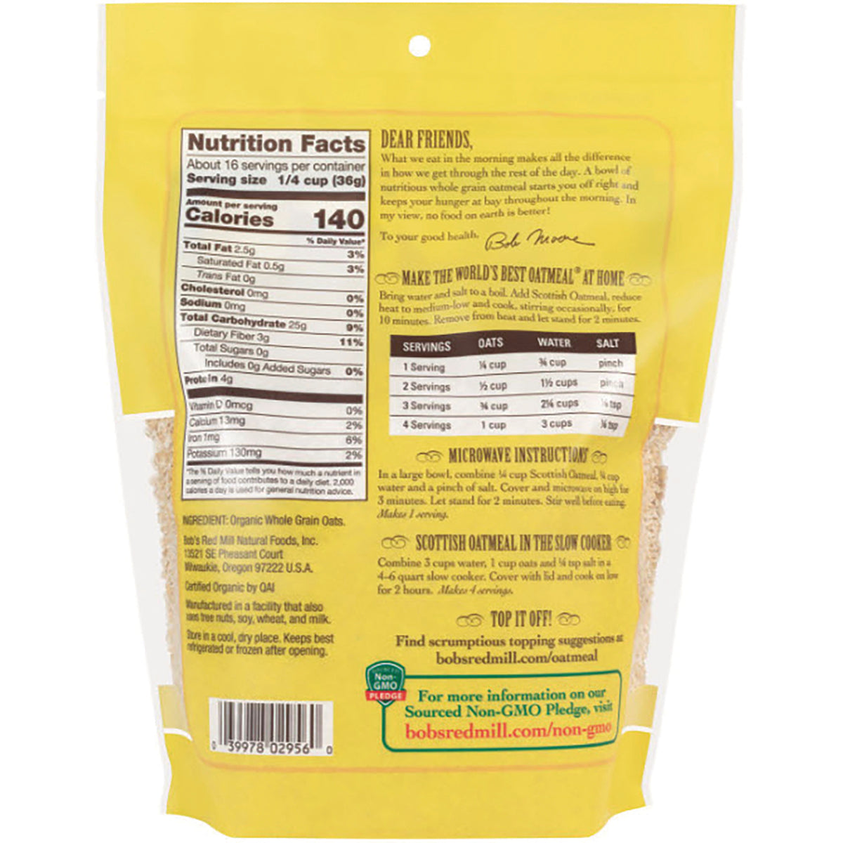 BOB316 | back of yellow oatmeal pouch showing nutrition facts, serving chart, cooking instructions, and barcode