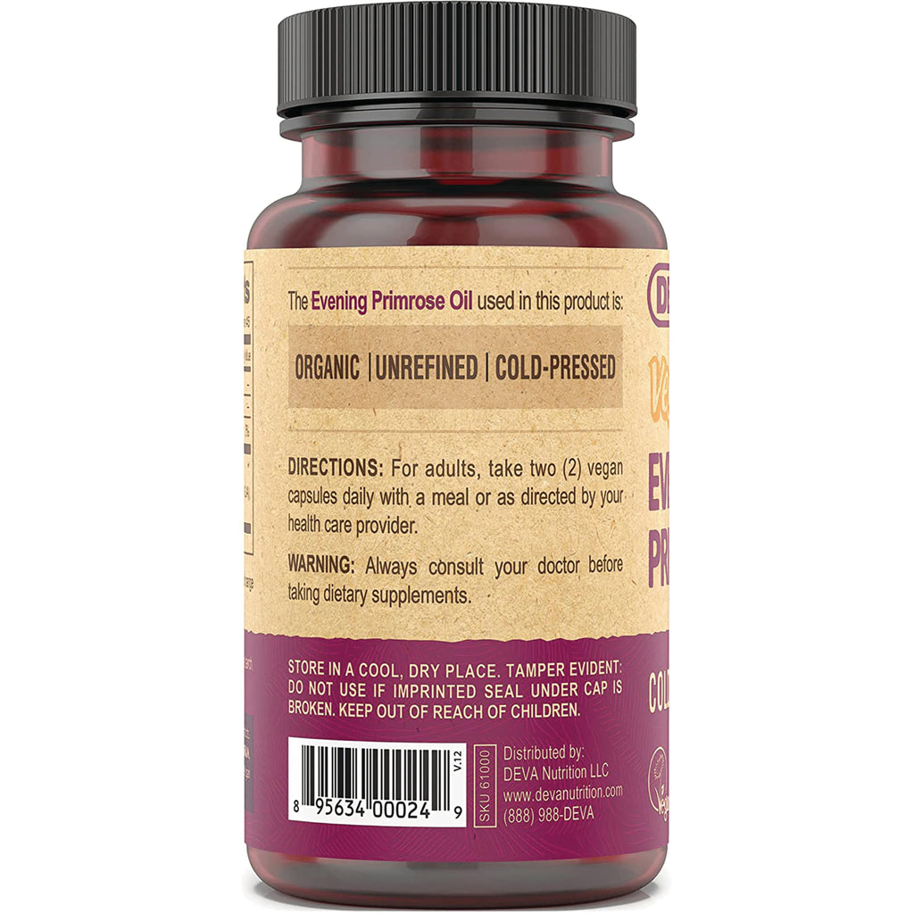 DEV020 | Back label of brown supplement bottle showing directions, warning, organic unrefined cold-pressed callout and barcode - Thumbnail