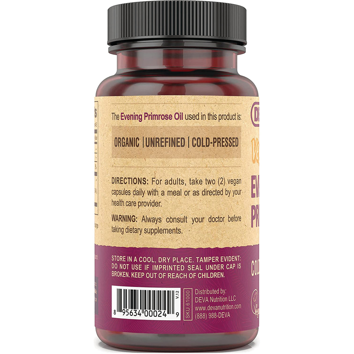 DEV020 | Back label of brown supplement bottle showing directions, warning, organic unrefined cold-pressed callout and barcode