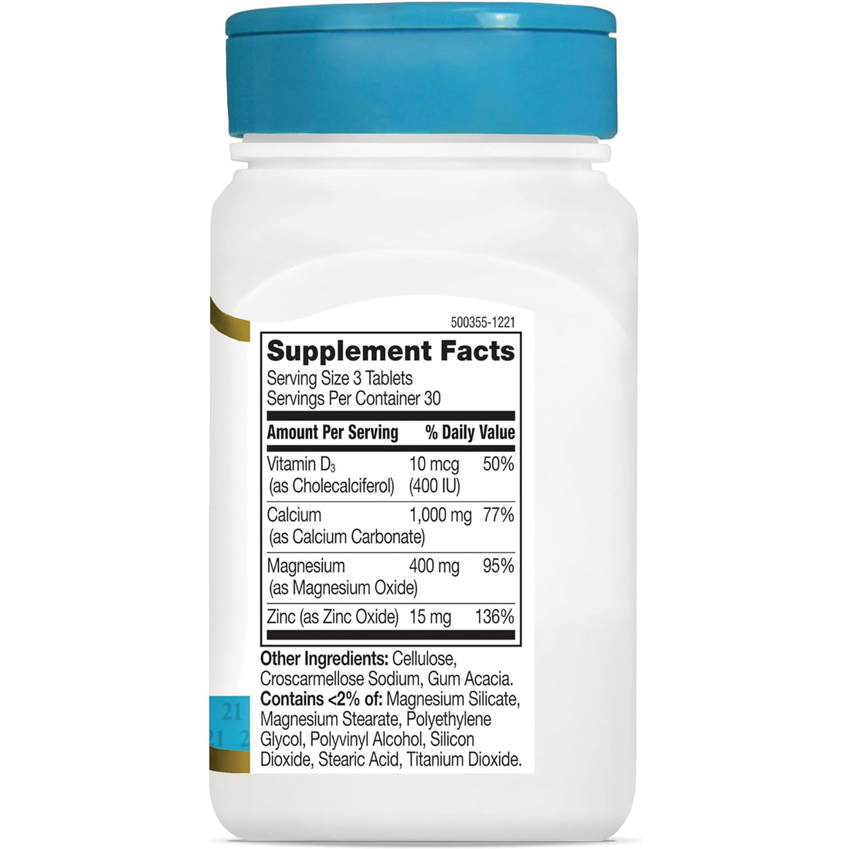 CNT018 | back of white supplement bottle showing Supplement Facts panel with serving size, vitamin D3, calcium, magnesium, zinc