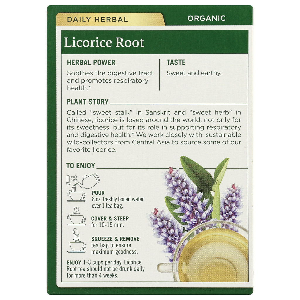 TMD023 | Back of Daily Herbal Organic Licorice Root tea box with herbal power, taste, and steeping directions - Thumbnail