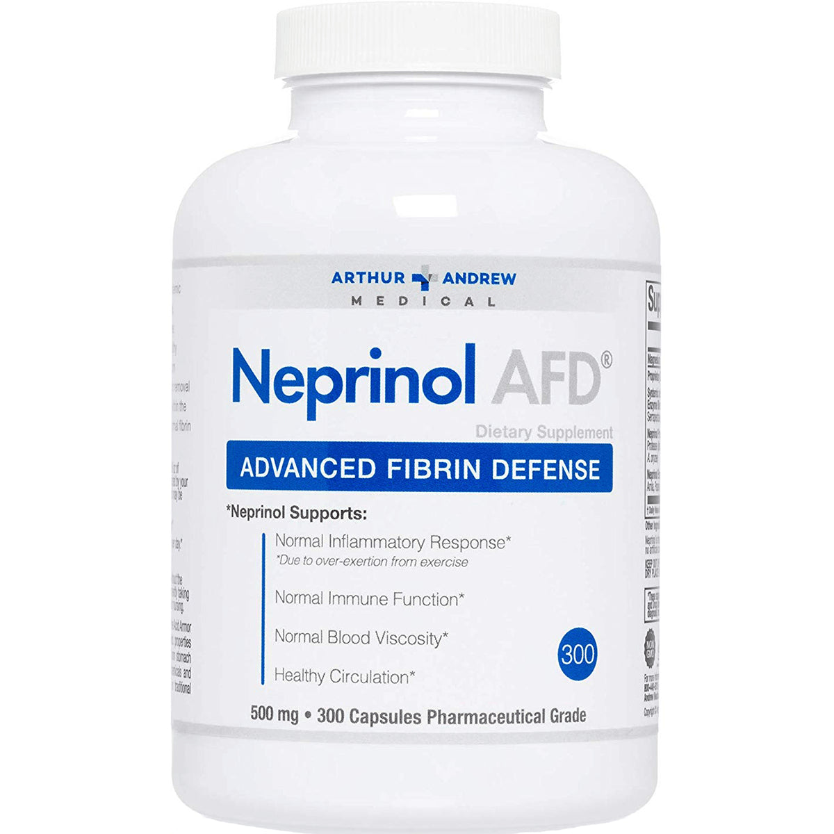 AAM004 | White supplement bottle labeled Neprinol AFD Advanced Fibrin Defense, 300 capsules, 500 mg