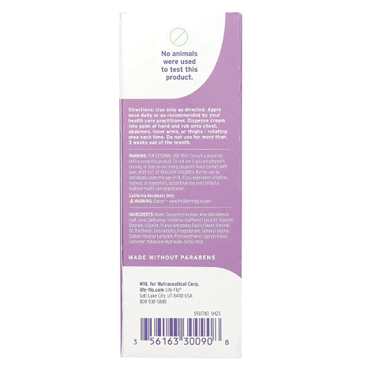 EMR013 | Back of purple product box showing directions, ingredients, 'No animals were used to test this product' text and barcode